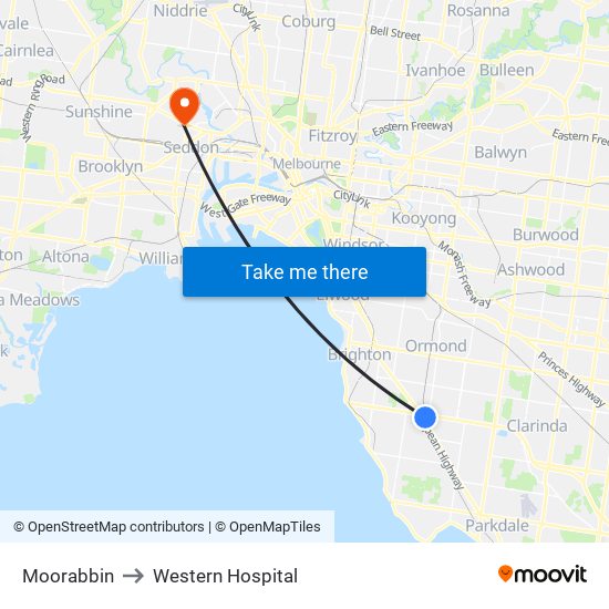 Moorabbin to Western Hospital map