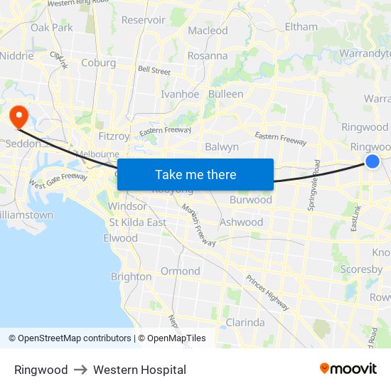 Ringwood to Western Hospital map