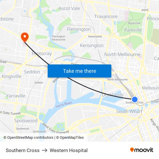 Southern Cross to Western Hospital map