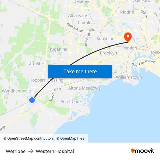 Werribee to Western Hospital map