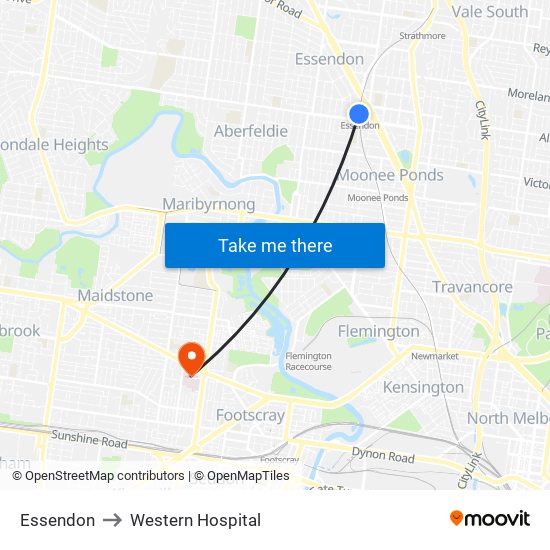 Essendon to Western Hospital map