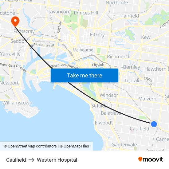 Caulfield to Western Hospital map