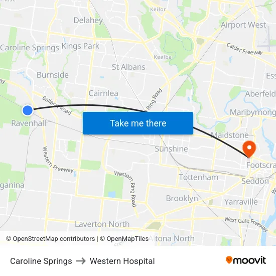 Caroline Springs to Western Hospital map