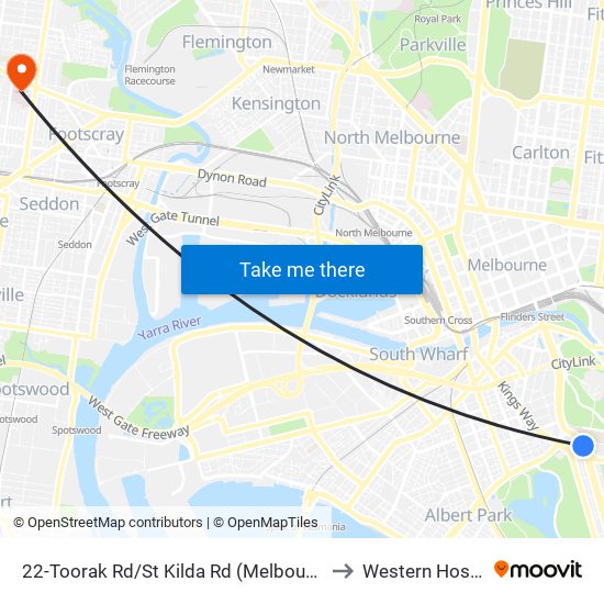 22-Toorak Rd/St Kilda Rd (Melbourne City) to Western Hospital map