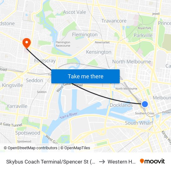 Skybus Coach Terminal/Spencer St (Melbourne City) to Western Hospital map