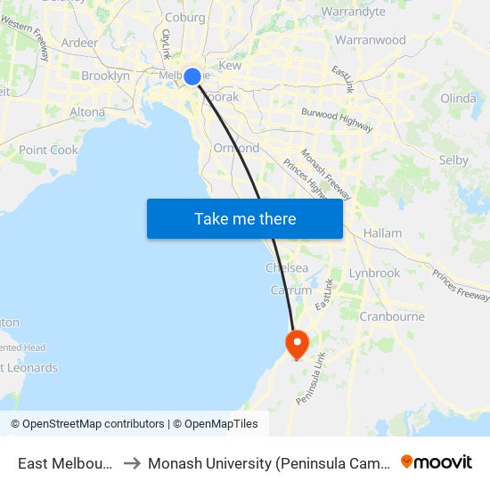 East Melbourne to Monash University (Peninsula Campus) map