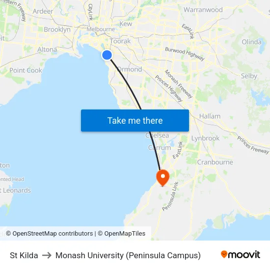 St Kilda to Monash University (Peninsula Campus) map
