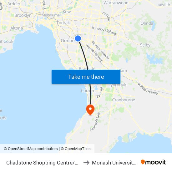 Chadstone Shopping Centre/Eastern Access Rd (Malvern East) to Monash University (Peninsula Campus) map