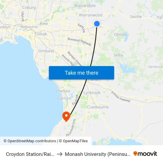 Croydon Station/Railway Ave to Monash University (Peninsula Campus) map