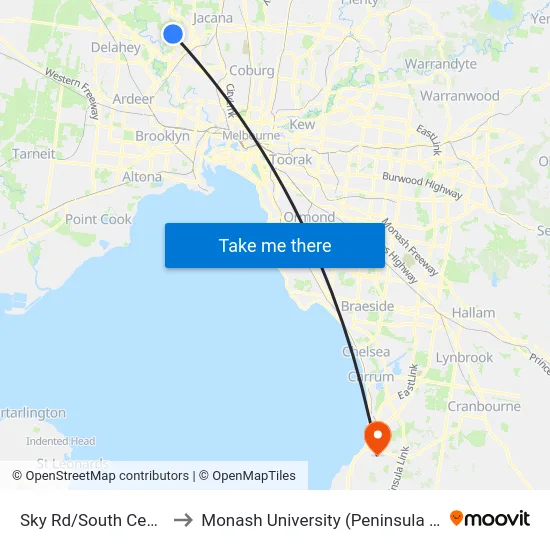 Sky Rd/South Centre Rd to Monash University (Peninsula Campus) map