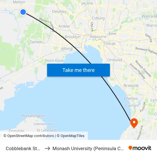 Cobblebank Station to Monash University (Peninsula Campus) map