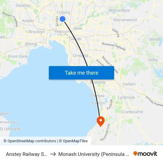 Anstey Railway Station to Monash University (Peninsula Campus) map