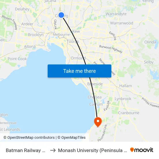 Batman Railway Station to Monash University (Peninsula Campus) map