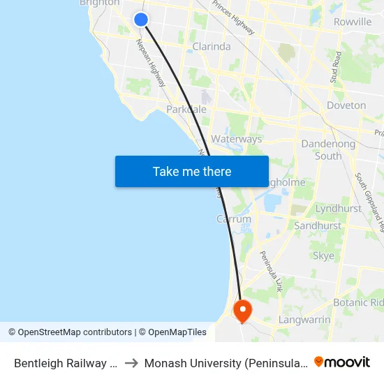 Bentleigh Railway Station to Monash University (Peninsula Campus) map