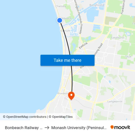Bonbeach Railway Station to Monash University (Peninsula Campus) map