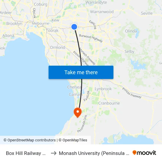 Box Hill Railway Station to Monash University (Peninsula Campus) map