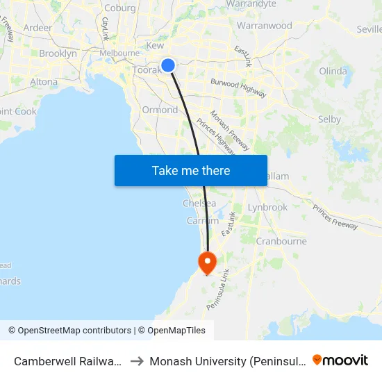Camberwell Railway Station to Monash University (Peninsula Campus) map