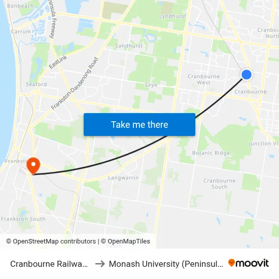 Cranbourne Railway Station to Monash University (Peninsula Campus) map