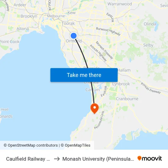 Caulfield Railway Station to Monash University (Peninsula Campus) map