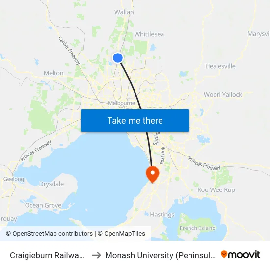 Craigieburn Railway Station to Monash University (Peninsula Campus) map