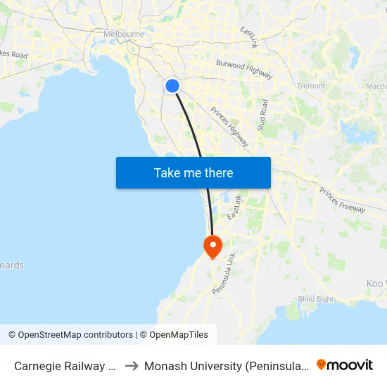 Carnegie Railway Station to Monash University (Peninsula Campus) map