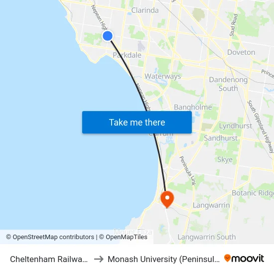 Cheltenham Railway Station to Monash University (Peninsula Campus) map
