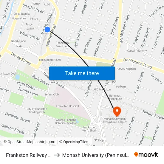 Frankston Railway Station to Monash University (Peninsula Campus) map