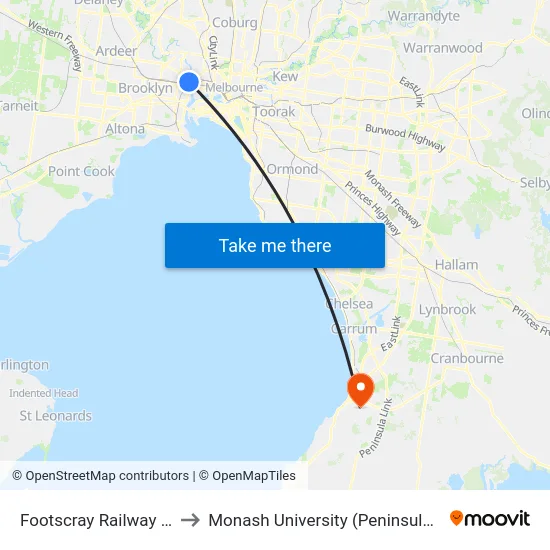 Footscray Railway Station to Monash University (Peninsula Campus) map