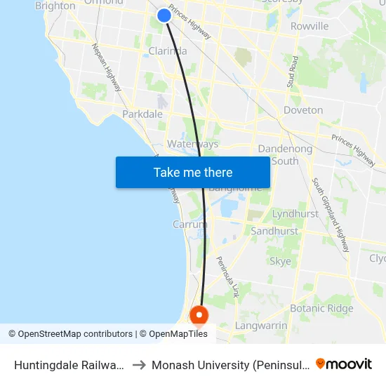 Huntingdale Railway Station to Monash University (Peninsula Campus) map