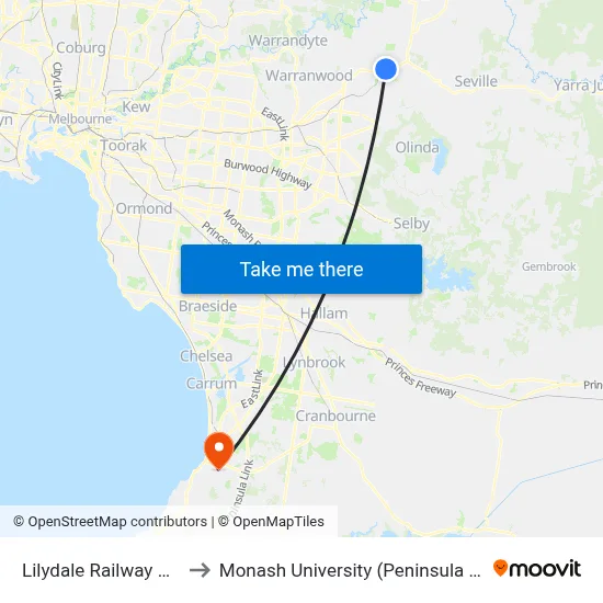 Lilydale Railway Station to Monash University (Peninsula Campus) map