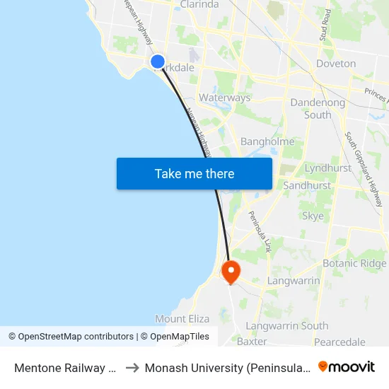 Mentone Railway Station to Monash University (Peninsula Campus) map