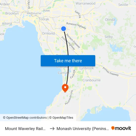Mount Waverley Railway Station to Monash University (Peninsula Campus) map