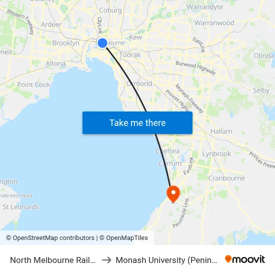 North Melbourne Railway Station to Monash University (Peninsula Campus) map