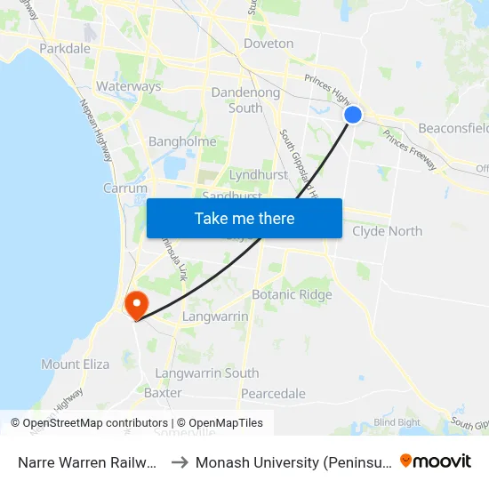 Narre Warren Railway Station to Monash University (Peninsula Campus) map