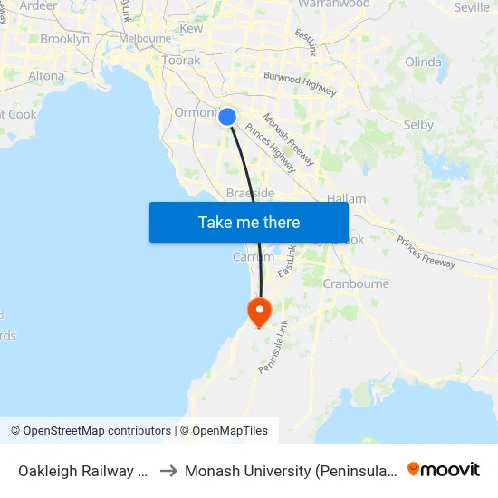 Oakleigh Railway Station to Monash University (Peninsula Campus) map