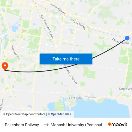 Pakenham Railway Station to Monash University (Peninsula Campus) map