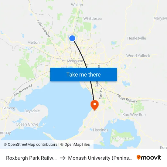 Roxburgh Park Railway Station to Monash University (Peninsula Campus) map