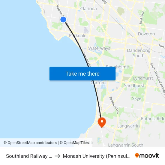 Southland Railway Station to Monash University (Peninsula Campus) map