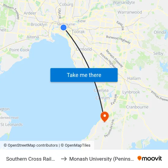 Southern Cross Railway Station to Monash University (Peninsula Campus) map