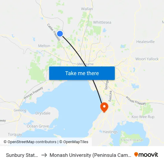 Sunbury Station to Monash University (Peninsula Campus) map