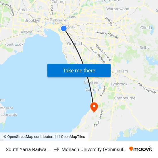 South Yarra Railway Station to Monash University (Peninsula Campus) map