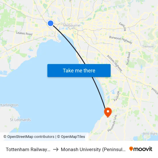 Tottenham Railway Station to Monash University (Peninsula Campus) map
