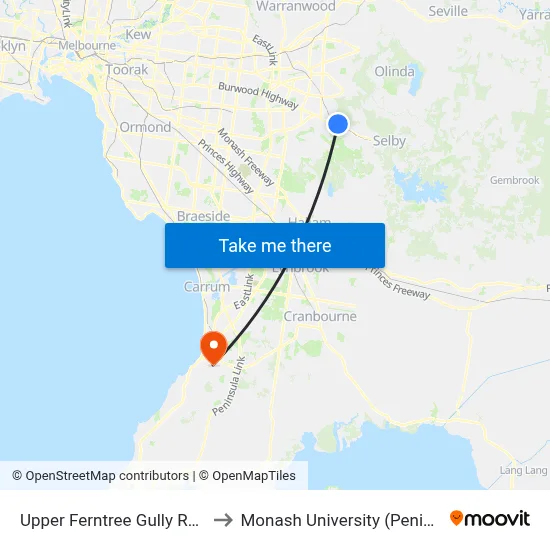 Upper Ferntree Gully Railway Station to Monash University (Peninsula Campus) map
