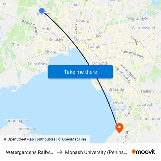 Watergardens Railway Station to Monash University (Peninsula Campus) map