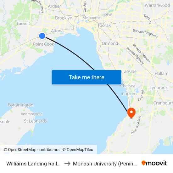Williams Landing Railway Station to Monash University (Peninsula Campus) map