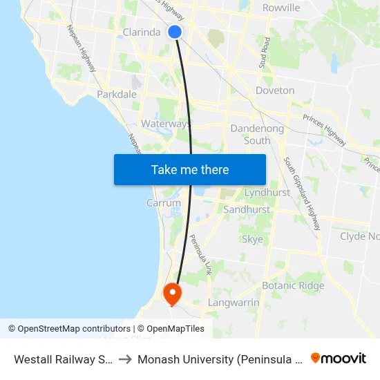 Westall Railway Station to Monash University (Peninsula Campus) map