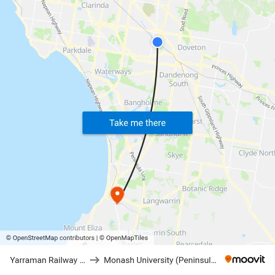 Yarraman Railway Station to Monash University (Peninsula Campus) map