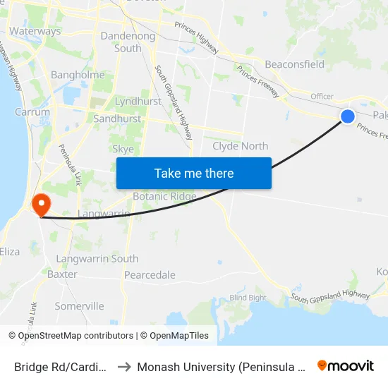 Bridge Rd/Cardinia Rd to Monash University (Peninsula Campus) map