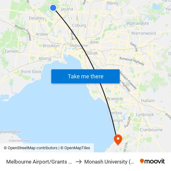 Melbourne Airport/Grants Rd (Melbourne Airport) to Monash University (Peninsula Campus) map