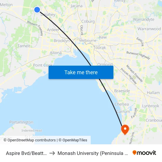 Aspire Bvd/Beattys Rd to Monash University (Peninsula Campus) map